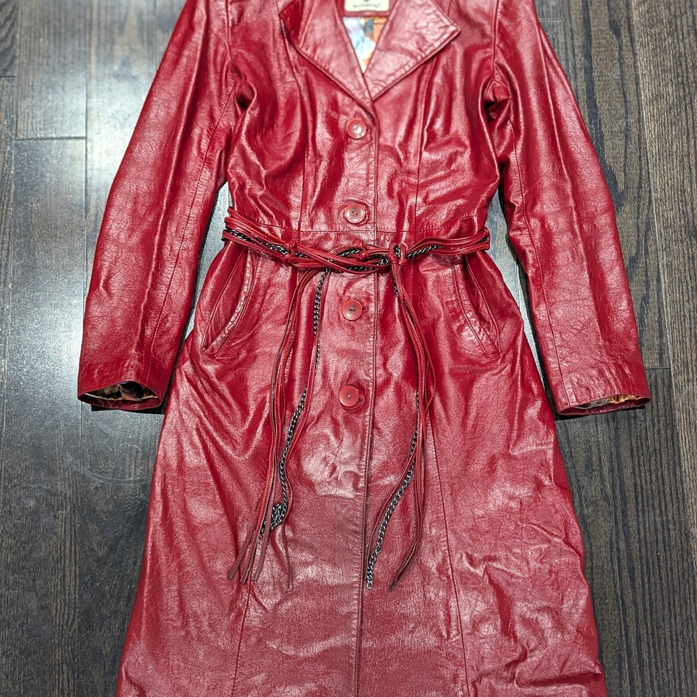 Women's Red Genuine Leather Coat - Picture 2 of 11